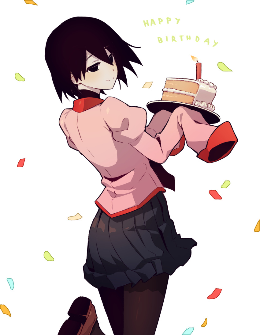 1girl birthday black_eyes black_hair black_legwear black_skirt black_undershirt bob_cut brown_footwear cake candle commentary confetti dress_shirt empty_eyes english_commentary floating_hair food foot_up highres holding holding_cake holding_food holding_tray light_blush loafers looking_at_viewer looking_back monogatari_(series) naoetsu_high_school_uniform nifffi oshino_ougi pale_skin pantyhose pink_shirt pleated_skirt puffy_sleeves school_uniform shirt shoes short_hair simple_background skirt sleeves_past_fingers sleeves_past_wrists smile solo tray turtleneck white_background wind