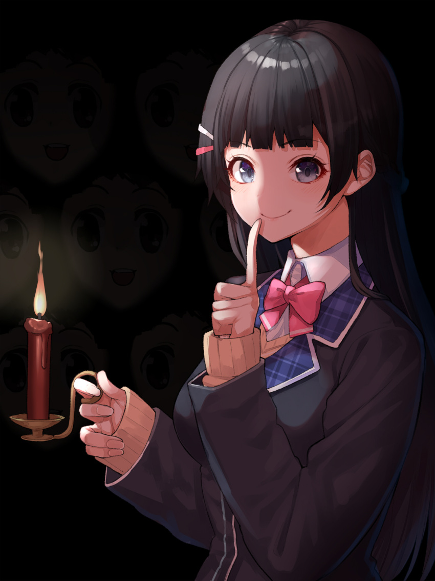 1girl black_background black_eyes black_hair black_jacket blazer bow bowtie candle cardigan closed_mouth collared_shirt dark hair_ornament hairclip hand_up highres holding holding_candle index_finger_raised jacket long_hair long_sleeves looking_at_viewer mikan_(chipstar182) nazono_mito nijisanji pink_bow pink_neckwear school_uniform shirt smile solo tsukino_mito upper_body when_you_see_it white_shirt wing_collar