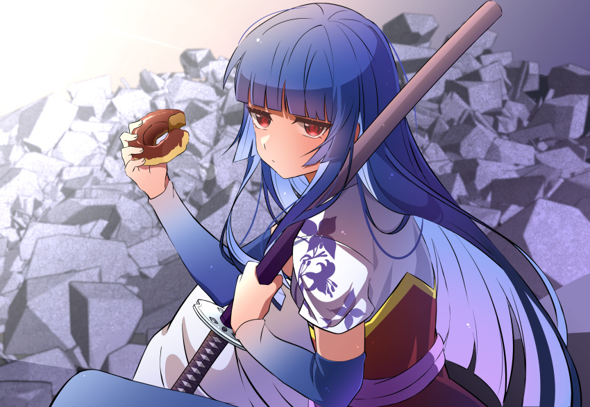 1girl absurdres armband bangs blunt_bangs bouquetforangel dark_blue_hair doughnut floral_print food gintama highres holding holding_sword holding_weapon imai_nobume long_hair looking_at_viewer red_eyes rubble sheath sheathed short_sleeves sitting solo sword weapon