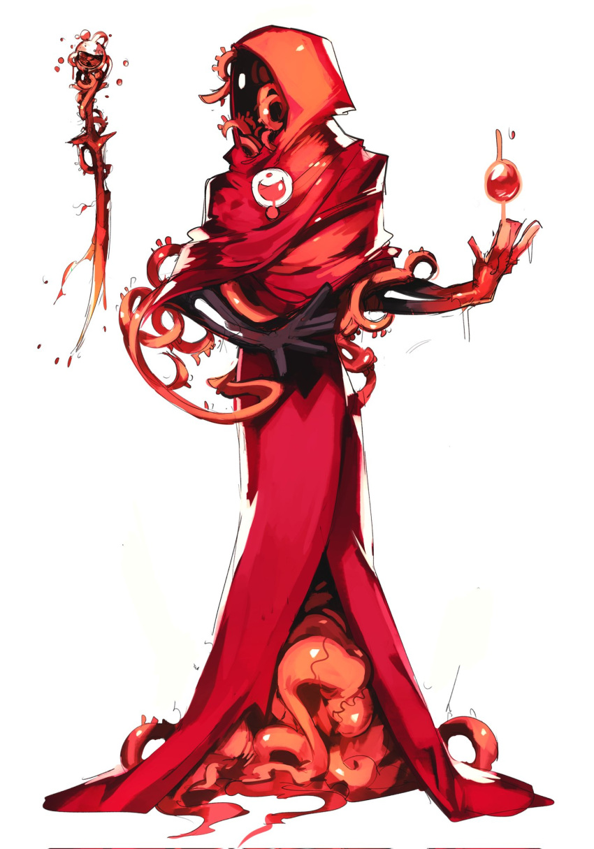 1other black_skin blood colored_skin creature firebay full_body highres hood hood_up magic original red_robe red_skin shiny shiny_clothes simple_background solo tentacles white_background