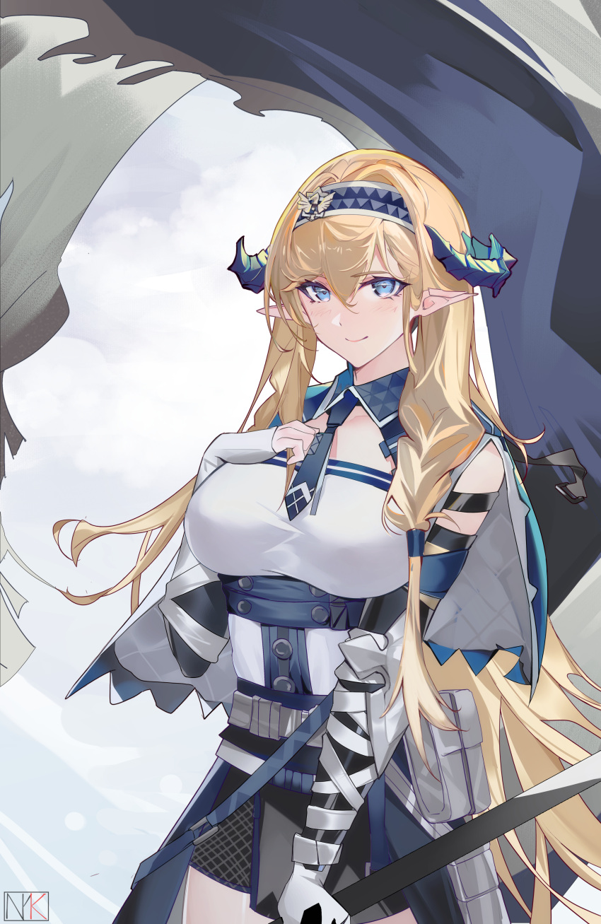 1girl absurdres arknights bangs blonde_hair blue_eyes blue_hairband blue_neckwear breasts commentary_request cowboy_shot hair_between_eyes hairband hand_on_own_chest highres horns large_breasts long_hair looking_at_viewer nayuko_(wuyou_nayuko) partial_commentary pointy_ears saileach_(arknights) shirt smile solo standing very_long_hair white_shirt