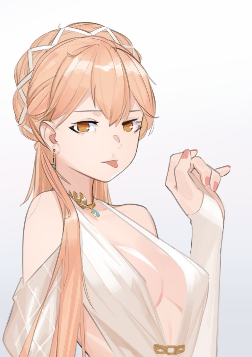 1girl blonde_hair breasts closed_mouth dress earrings elbow_gloves eyebrows_visible_through_hair girls_frontline gloves hair_ornament hand_up highres jewelry long_hair looking_at_viewer medium_breasts nail_polish necklace orange_eyes ots-14_(girls'_frontline) partially_fingerless_gloves pink_nails salty_eyes solo tongue tongue_out upper_body white_background white_dress white_gloves