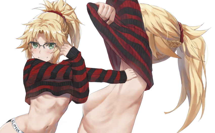 1girl armpits arms_up bangs black_sweater blonde_hair blush braid breasts cropped_sweater fate/apocrypha fate_(series) french_braid glasses green_eyes grin hair_ornament hair_scrunchie highres long_hair long_sleeves looking_at_viewer mordred_(fate) mordred_(fate/apocrypha) multiple_views navel parted_bangs ponytail red_sweater scrunchie sidelocks small_breasts smile striped striped_sweater sweater tonee undressing