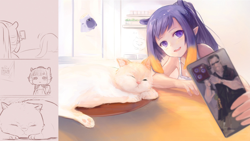 1girl absurdres animal_ears arm_rest bangs bare_arms cat cellphone commentary copyright_request extra_ears gradient_hair highres holding holding_phone hololive hololive_english indoors long_hair multicolored_hair ninomae_ina'nis open_mouth orange_hair outstretched_arm phone pointy_ears purple_hair selfie sidelocks sleeveless smartphone smile table tako_(ninomae_ina'nis) tallgeese_(lgeesel) teeth upper_teeth violet_eyes virtual_youtuber