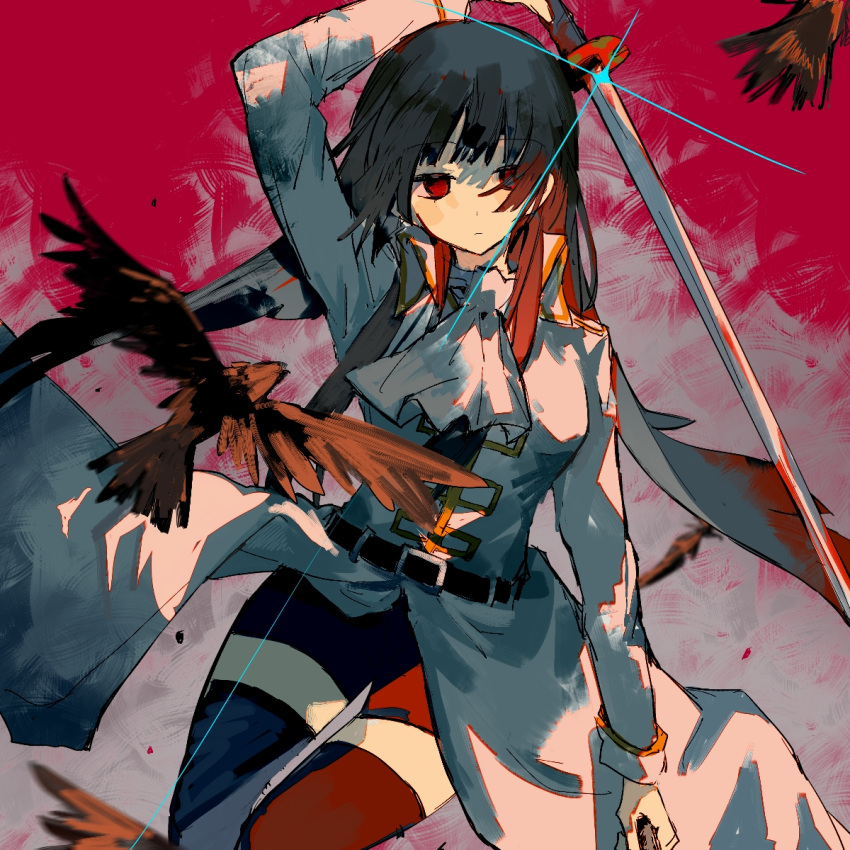 1girl ascot bangs bird blood blunt_bangs crow dark_blue_hair eyebrows_visible_through_hair gintama he_(minty) highres holding holding_sword holding_weapon imai_nobume long_hair long_sleeves looking_at_viewer military military_uniform red_eyes red_theme shorts solo sword thigh-highs uniform weapon