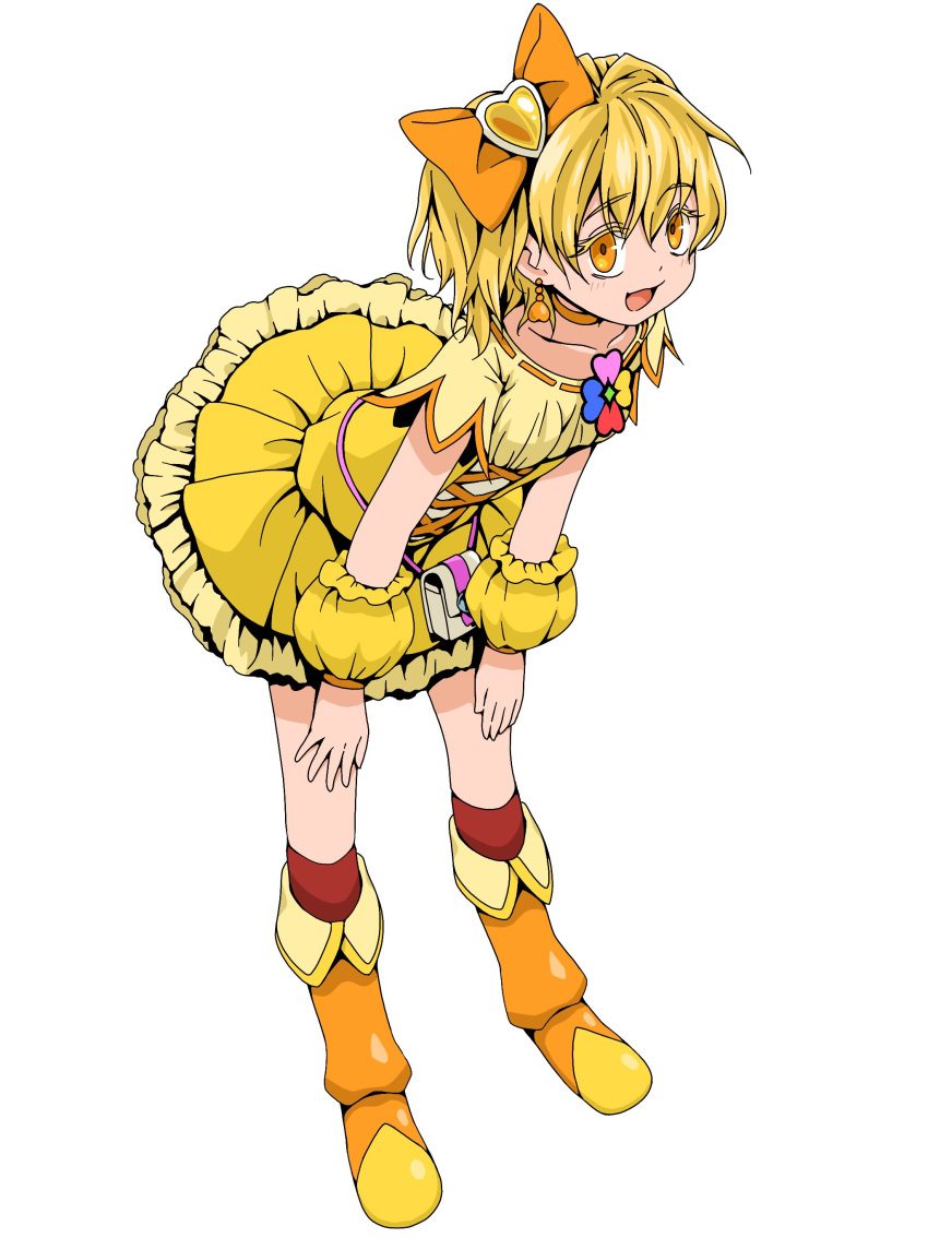 1girl absurdres bangs blonde_hair bow choker collarbone cure_pine earrings ebura_din eyebrows_visible_through_hair fresh_precure! full_body hair_between_eyes hair_bow hair_ornament hands_on_own_knees heart heart_earrings heart_hair_ornament highres jewelry kneehighs leaning_forward long_hair miniskirt orange_bow orange_eyes orange_footwear precure red_legwear ribbon-trimmed_shirt shiny shiny_hair shirt short_sleeves simple_background skirt solo white_background yellow_choker yellow_shirt yellow_skirt
