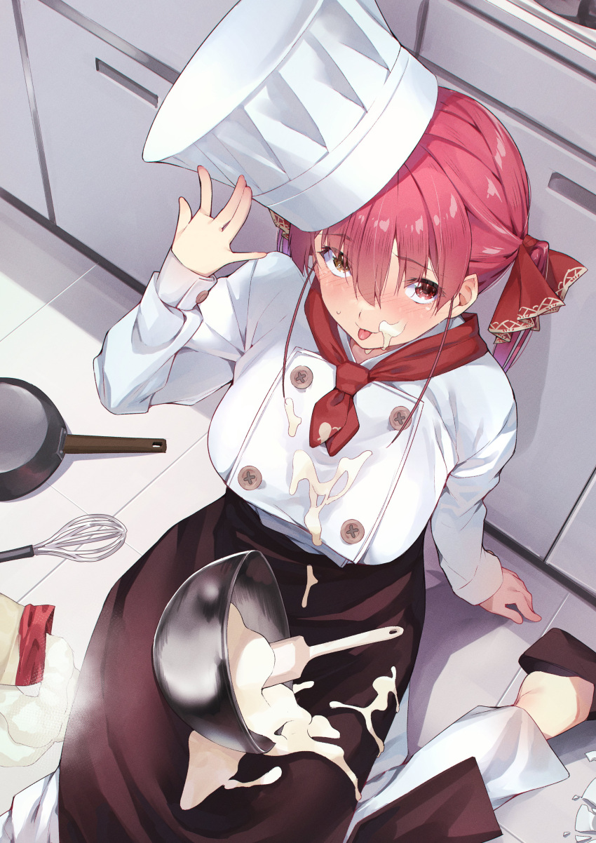 1girl :p absurdres accident apron arm_up bangs blush breasts brown_apron brown_footwear chef_hat commentary_request cream cream_on_face eyebrows_visible_through_hair eyes_visible_through_hair food food_on_clothes food_on_face from_above frying_pan hair_between_eyes hair_ribbon hand_on_headwear hat heterochromia highres hololive houshou_marine indoors jacket kitchen koubou_(cowbow_kun) large_breasts long_hair long_sleeves mixing_bowl pants red_eyes red_ribbon redhead ribbon sitting solo tongue tongue_out twintails virtual_youtuber waist_apron whisk white_headwear white_jacket white_pants yellow_eyes