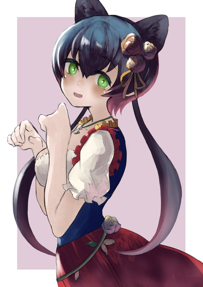 animal_ears black_hair black_leopard_(kemono_friends) blue_dress collar commentary_request dirndl dress eyebrows_visible_through_hair flower frilled_collar frills gamerakero german_clothes green_eyes hair_flower hair_ornament highres jewelry kemono_friends kemono_friends_3 leopard_ears leopard_girl looking_at_viewer multicolored multicolored_clothes multicolored_dress necklace official_alternate_costume puffy_short_sleeves puffy_sleeves red_dress short_sleeves twintails upper_body white_sleeves