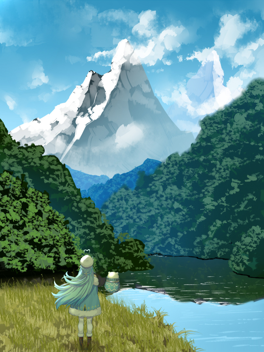 1girl ahoge blue_hair blue_sky boots brown_footwear daifuku_(yukihana_lamy) day facing_away floating_hair forest from_behind hat heart_ahoge highres hololive long_hair mikan_(chipstar182) mountain nature outdoors pantyhose river scenery sky solo very_long_hair white_headwear white_legwear wide_shot yukihana_lamy