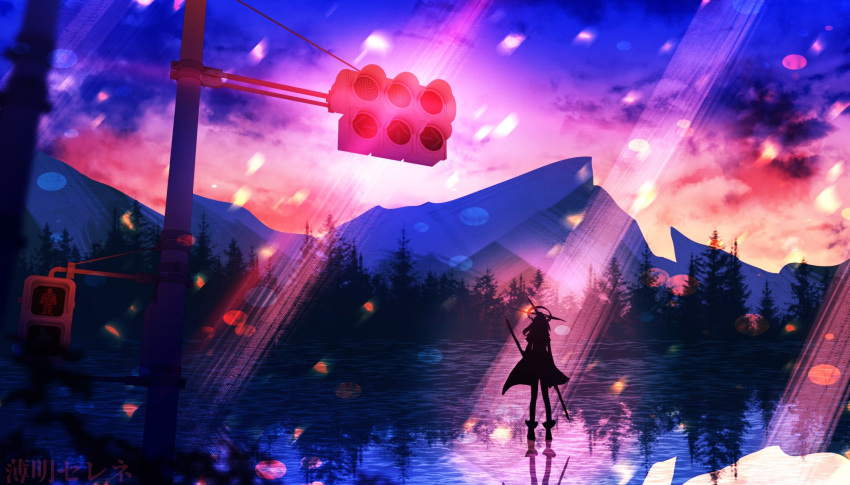 1girl ciel_hoshikage clouds halo highres hololive hololive_english lens_flare mechanical_halo mountain mountainous_horizon ouro_kronii outdoors reflection reflective_water sky tagme traffic_light tree twilight virtual_youtuber