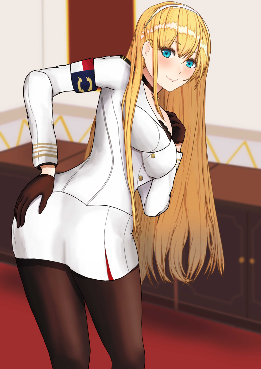 1girl absurdres azur_lane bent_over black_choker black_gloves black_legwear blonde_hair blue_eyes blush choker closed_mouth cross cross_necklace eyebrows_visible_through_hair feet_out_of_frame gloves hairband hand_on_ass hand_on_breast highres jewelry kalinin4410 long_hair looking_back necklace north_carolina_(azur_lane) pantyhose simple_background smile solo standing uniform white_hairband