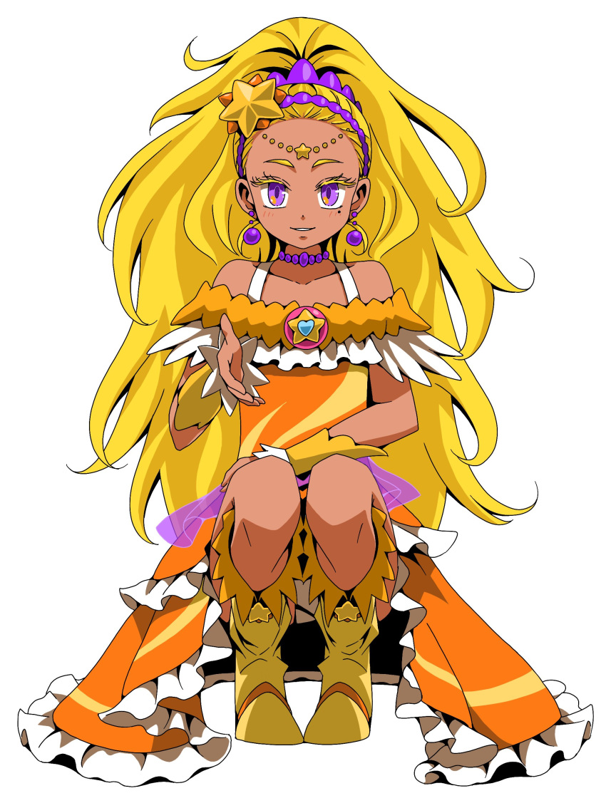 1girl absurdres blonde_hair collarbone cure_soleil dark-skinned_female dark_skin dress ebura_din full_body hair_ornament highres jewelry long_hair looking_at_viewer mole mole_under_eye necklace orange_dress parted_lips ponytail precure simple_background solo standing star_(symbol) star_hair_ornament star_twinkle_precure very_long_hair violet_eyes white_background yellow_footwear