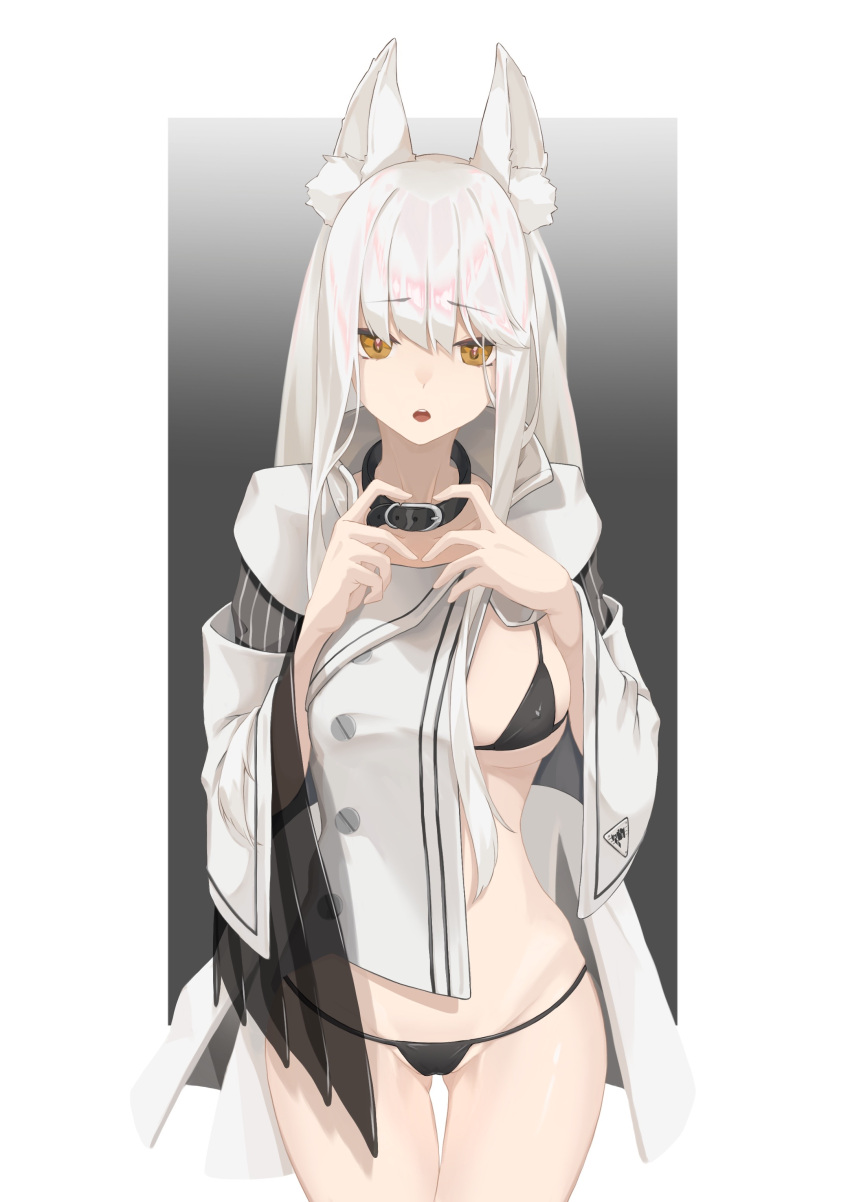 1girl :o absurdres animal_ear_fluff animal_ears arknights ass_visible_through_thighs bikini bikini_under_clothes black_bikini breasts buckle collar cowboy_shot gradient gradient_background highres horse_ears long_hair long_sleeves looking_at_viewer medium_breasts open_mouth orange_eyes platinum_(arknights) revealing_clothes see-through silver_hair solo swimsuit very_long_hair wide_sleeves yueyue_no_hand