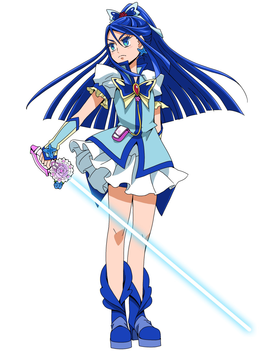 1girl absurdres bike_shorts blue_eyes blue_footwear blue_hair blue_jacket blue_shorts blue_sleeves closed_mouth cure_aqua detached_sleeves earrings ebura_din frown full_body high_ponytail highres holding holding_sword holding_weapon jacket jewelry long_hair miniskirt pleated_skirt precure short_shorts short_sleeves shorts shorts_under_skirt simple_background skirt solo standing sword v-shaped_eyebrows very_long_hair weapon white_background white_skirt white_sleeves yes!_precure_5
