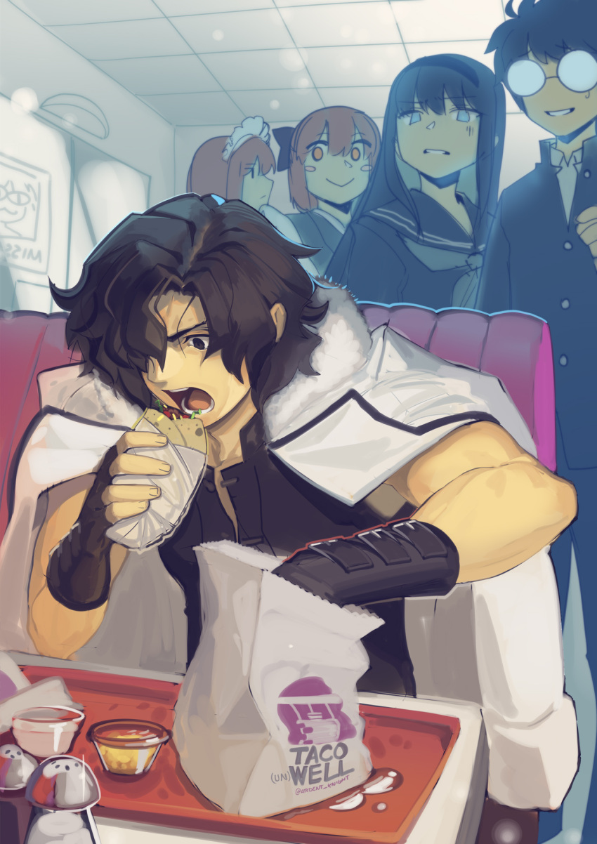 2boys 3girls :&gt; black_gloves black_sailor_collar black_shirt blue_eyes blush_stickers boa_(brianoa) brown_eyes brown_hair character_request closed_mouth commentary disgust eating english_commentary fingerless_gloves food_request gakuran glasses gloves hair_over_one_eye highres hisui_(tsukihime) holding jacket jacket_on_shoulders kohaku_(tsukihime) maid male_focus multiple_boys multiple_girls neckerchief nekoarc opaque_glasses open_mouth parted_lips sailor_collar salt_shaker school_uniform serafuku shirt sitting smile solo_focus sweatdrop taco_bell tohno_akiha tohno_shiki tray tsukihime yellow_eyes