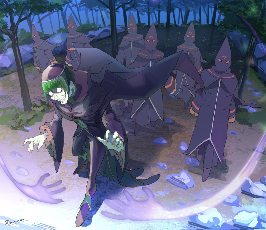 bangs blunt_bangs coat colored_skin forest frilled_sleeves frills green_hair green_skin grin hands hat highres mask mirayskw nature petelgeuse_romaneeconti re:zero_kara_hajimeru_isekai_seikatsu smile witch_hat