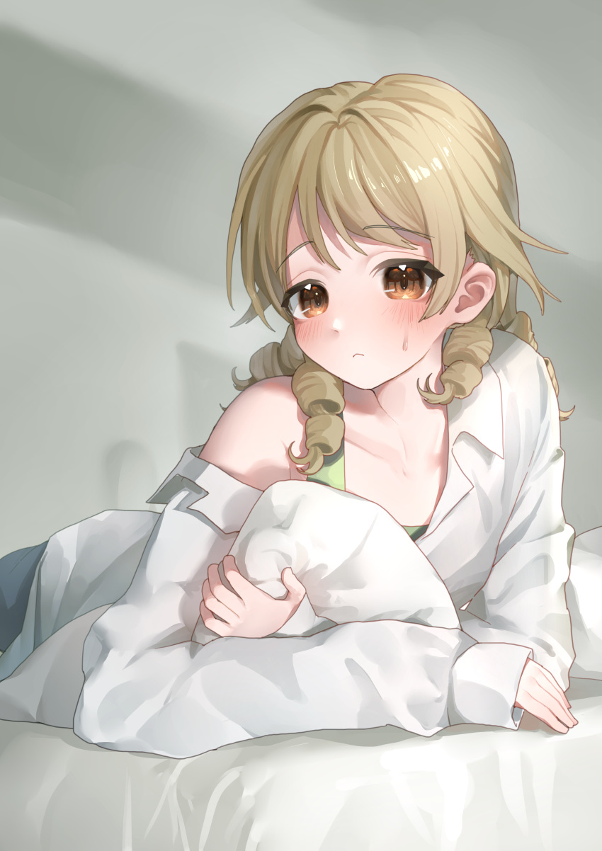 1girl absurdres bed_sheet blonde_hair blush borrowed_garments commentary_request embarrassed eyebrows_visible_through_hair frown highres idolmaster idolmaster_cinderella_girls looking_at_viewer lying morikubo_nono ningen_mame object_hug on_stomach oversized_clothes oversized_shirt pillow pillow_hug ringlets shirt shirt_slip single_bare_shoulder sleeves_past_wrists solo sweatdrop white_shirt