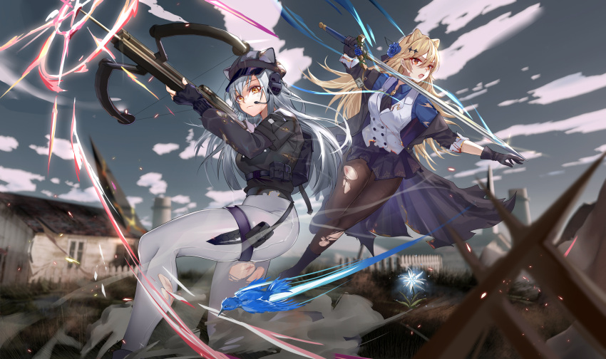 2girls animal_ears arknights bangs bird black_coat black_headwear black_jacket black_legwear black_skirt blonde_hair blood blue_flower blue_rose blue_shirt blue_sky brown_legwear building burnt_clothes cat_ears character_request chinese_commentary closed_mouth coat collared_shirt commentary_request copyright_request crossbow day ears_through_headwear eyebrows_visible_through_hair fence fingerless_gloves firing flower gloves hair_between_eyes hair_flower hair_ornament headset highres holding holding_sword holding_weapon hongbaise_raw injury jacket long_hair long_sleeves miniskirt multiple_girls official_alternate_costume one_knee open_clothes open_coat open_mouth outdoors pants pantyhose pleated_skirt rose schwarz_(arknights) schwarz_(skyline)_(arknights) shirt silver_hair skindentation skirt sky sword tight tight_pants torn_clothes torn_jacket torn_legwear torn_pants torn_shirt v-shaped_eyebrows very_long_hair vest weapon white_pants white_vest yellow_eyes