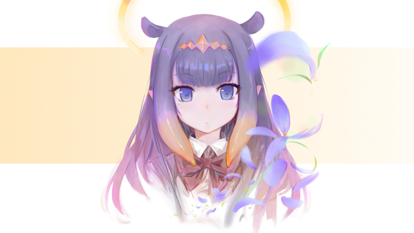 1girl absurdres animal_ears bangs blue_eyes blunt_bangs blurry blurry_foreground bow bowtie closed_mouth collared_shirt commentary cropped_shoulders extra_ears eyebrows_visible_through_hair flower gradient_hair halo highres hololive hololive_english multicolored_hair ninomae_ina'nis orange_hair petals pointy_ears purple_flower purple_hair red_bow red_neckwear shirt sidelocks simple_background solo tallgeese_(lgeesel) virtual_youtuber