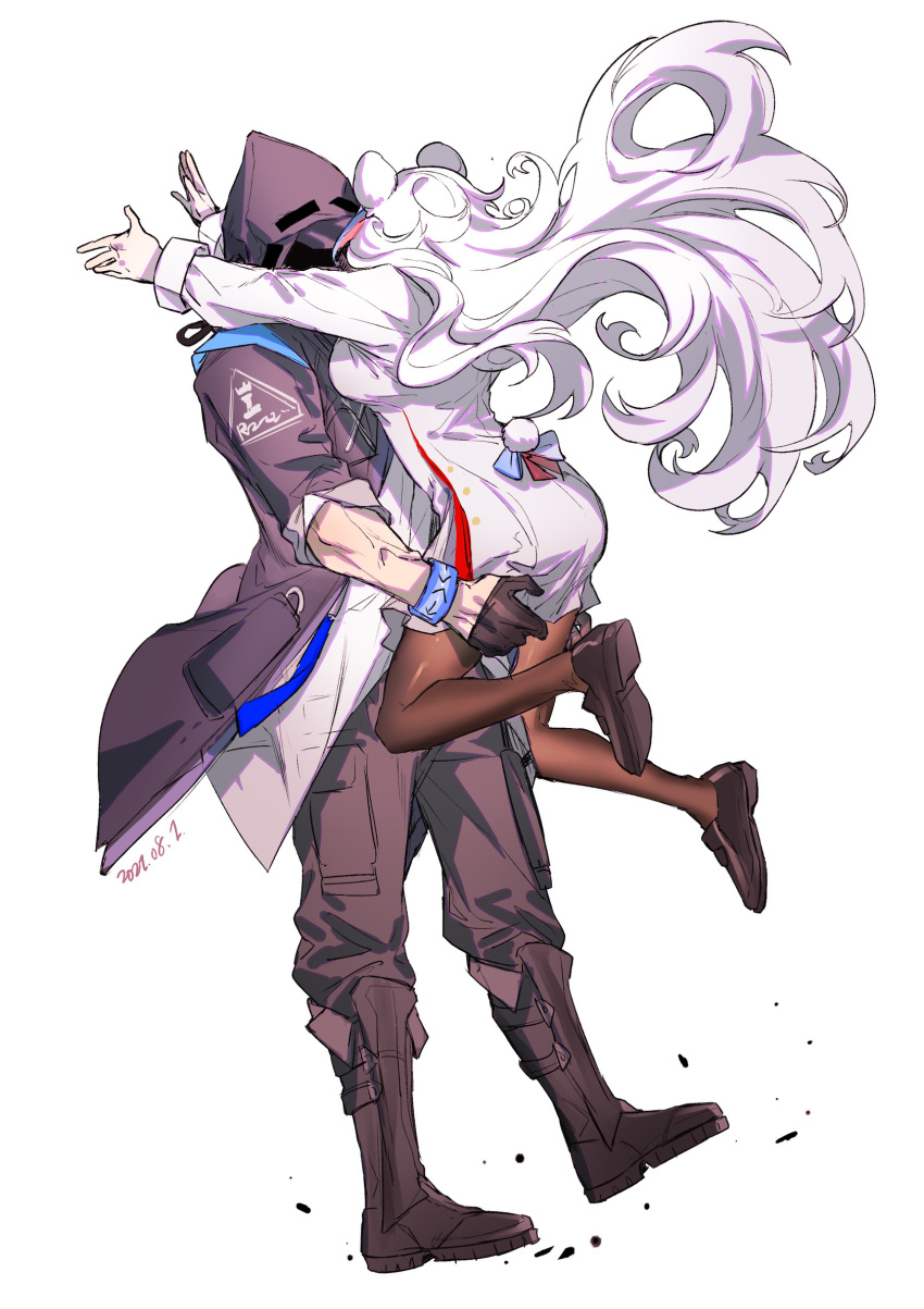 1boy 1girl animal_ears arknights armband bear_ears bear_tail black_footwear black_gloves black_legwear boots coat dated doctor_(arknights) fengchaoqu from_behind glomp gloves highres hood hooded_jacket hug imminent_hug jacket long_hair long_sleeves muscular outstretched_arms pants pantyhose rosa_(arknights) shoes sleeve_cuffs tail tail_through_clothes very_long_hair white_background white_coat white_hair