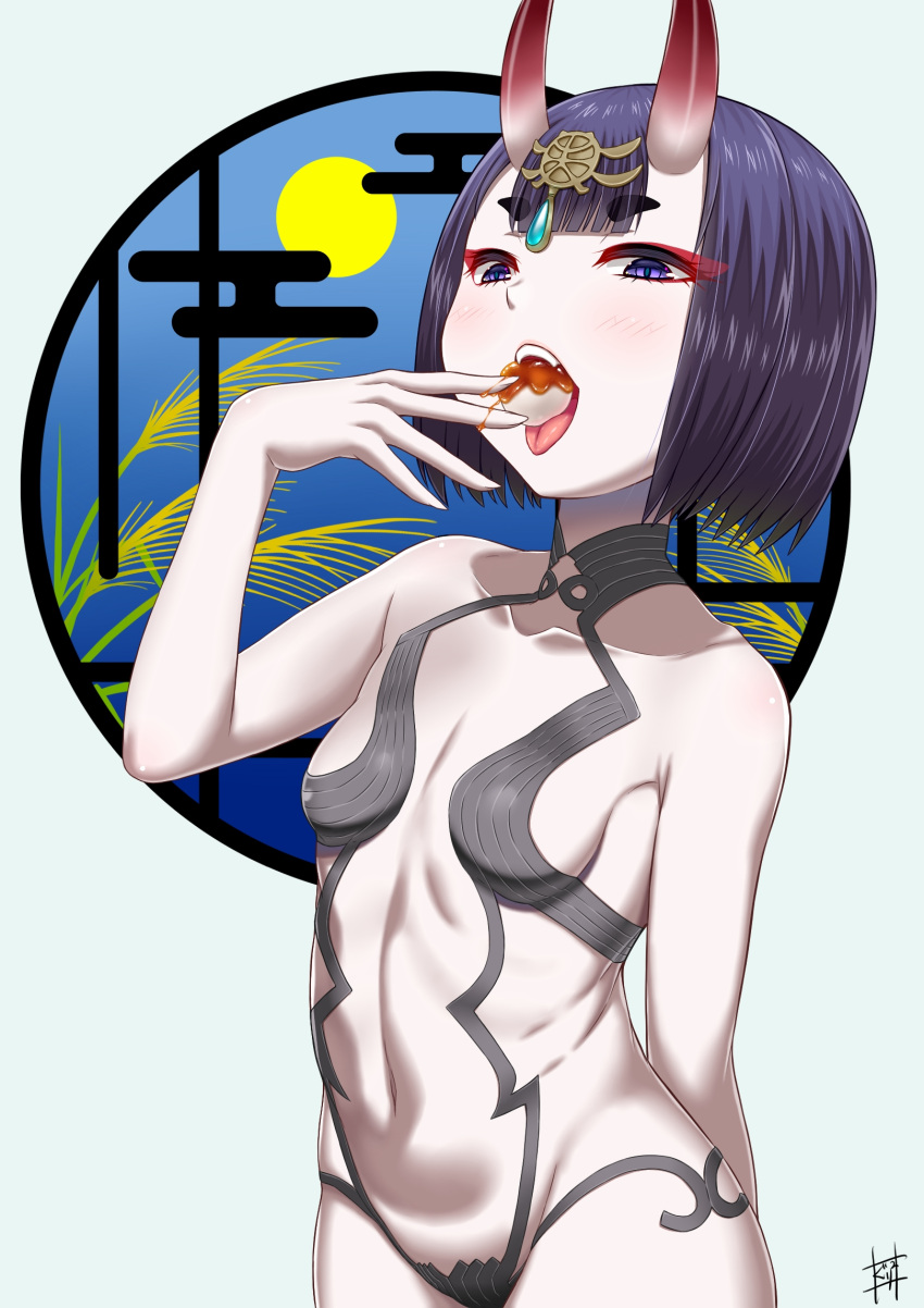 1girl bangs bare_shoulders bob_cut breasts collarbone dango eating egasumi eyeliner fate/grand_order fate_(series) food full_moon headpiece highres horns kuraikurairey looking_at_viewer makeup moon oni oni_horns open_mouth purple_hair short_hair shuten_douji_(fate) skin-covered_horns small_breasts solo tongue tongue_out tsukimi tsukimi_dango violet_eyes wagashi