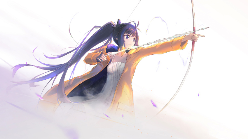 1girl absurdres animal_ears arrow_(projectile) blonde_hair bow_(weapon) closed_mouth commentary drawing_bow dress extra_ears floating_hair highres holding holding_bow_(weapon) holding_weapon hololive hololive_english jacket long_hair long_sleeves looking_away multicolored_hair ninomae_ina'nis pointy_ears ponytail purple_hair simple_background sleeveless sleeveless_dress solo streaked_hair tallgeese_(lgeesel) very_long_hair virtual_youtuber weapon white_background white_dress yellow_jacket