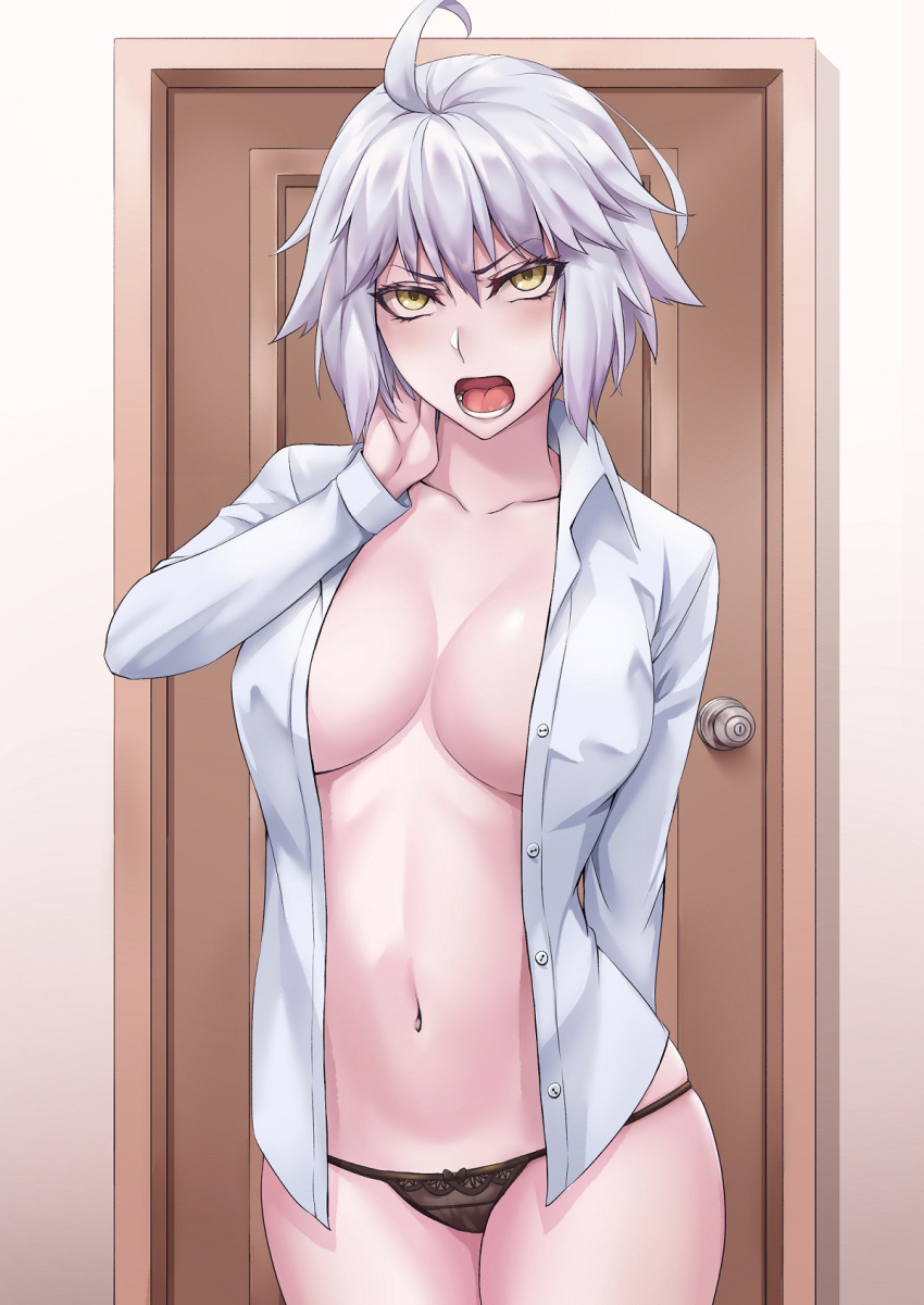 1girl ahoge bangs black_panties blush breasts breasts_apart collarbone collared_shirt door dress_shirt eyebrows eyebrows_visible_through_hair eyelashes face fate/grand_order fate_(series) hair highres inner_sideboob jeanne_d'arc_(alter)_(fate) jeanne_d'arc_(fate) large_breasts legs legs_together long_sleeves looking_at_viewer lower_teeth navel no_bra nose open_clothes open_mouth open_shirt panties sakuya_(liao_kj) shirt short_hair silver_hair solo string_panties teeth thighs thighs_together tounge unbuttoned_shirt underboob underwear white_shirt yellow_eyes