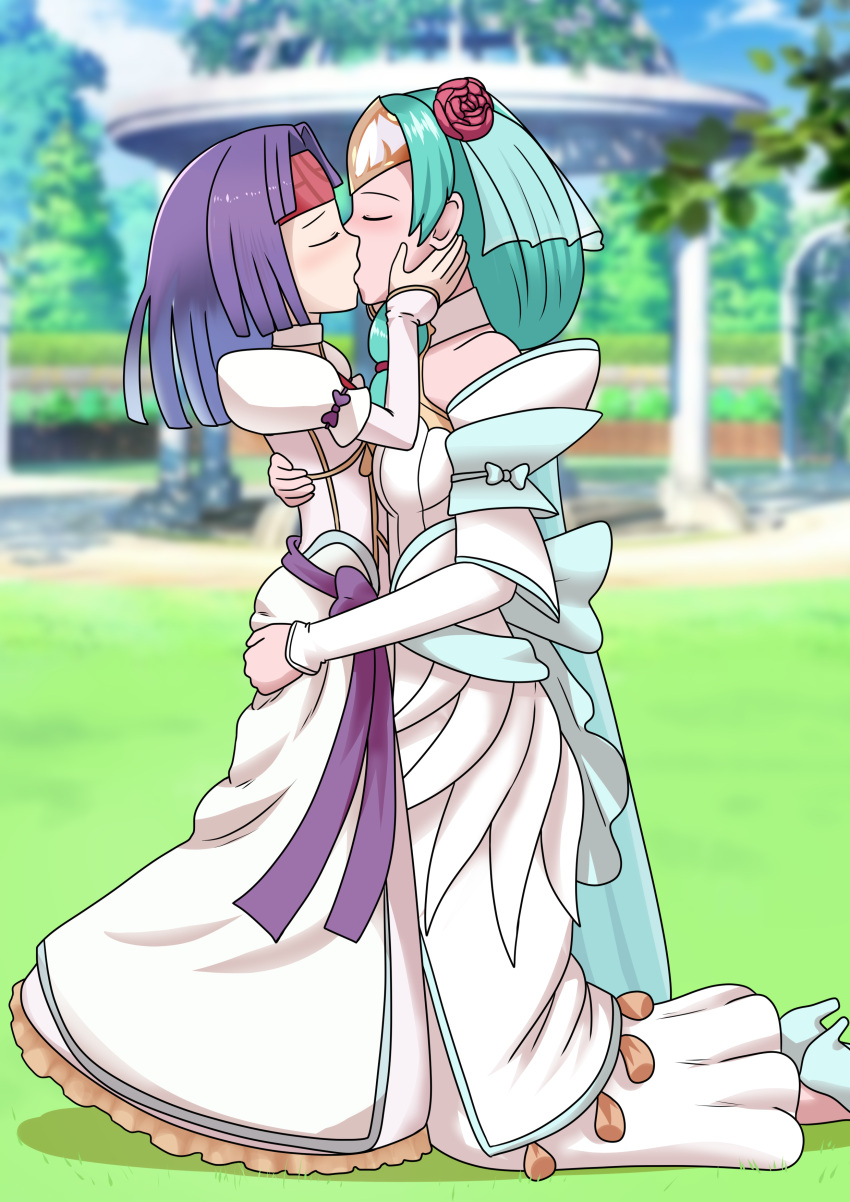 2girls absurdres age_difference alternate_costume aqua_hair blush bride ceremony closed_eyes commission couple dress fire_emblem fire_emblem:_path_of_radiance fire_emblem:_radiant_dawn fire_emblem_heroes grass hand_on_another's_ass hand_on_another's_back hands_on_another's_face headband headgear height_difference high_heels highres hug kiss kneeling long_sleeves married misaeldm multiple_girls outdoors purple_hair sanaki_kirsch_altina sigrun_(fire_emblem) sky strapless strapless_dress tree wedding wedding_dress yuri
