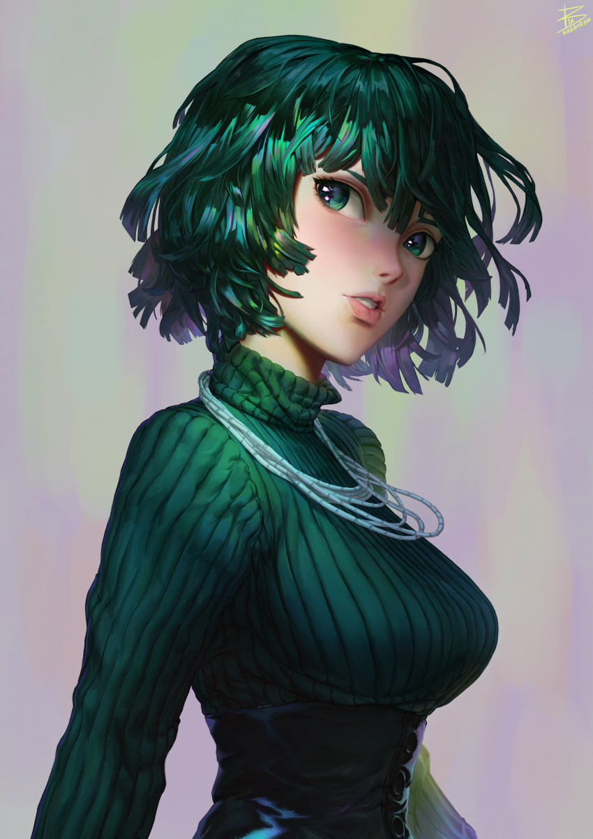 1girl absurdres artist_name bangs commentary fubuki_(one-punch_man) gradient gradient_background green_background green_eyes green_hair green_sweater grey_background hallibell-yin highres jewelry leather looking_away necklace one-punch_man parted_lips short_hair signature solo sweater teeth turtleneck turtleneck_sweater upper_body