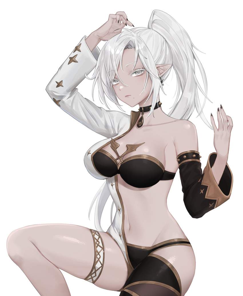 1girl absurdres arm_up bare_shoulders bikini black_bikini black_choker black_legwear breasts choker clearpage collarbone detached_sleeves earrings expressionless gold_trim grey_eyes hand_up highres jewelry long_hair looking_at_viewer medium_breasts mole mole_under_mouth navel original pointy_ears ponytail revealing_clothes sidelocks simple_background single_thighhigh solo stomach swimsuit thigh-highs thigh_strap thighs white_background white_hair