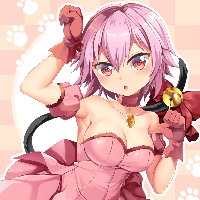 1girl bell bow breasts cat_tail choker cosplay detached_sleeves dress gloves highres kantai_collection medium_breasts mew_ichigo mew_ichigo_(cosplay) pink_choker pink_dress pink_hair puffy_detached_sleeves puffy_sleeves red_eyes red_gloves short_hair solo strapless strapless_dress tail tail_bell tail_bow tail_ornament tama_(kancolle) tokyo_mew_mew upper_body yasume_yukito