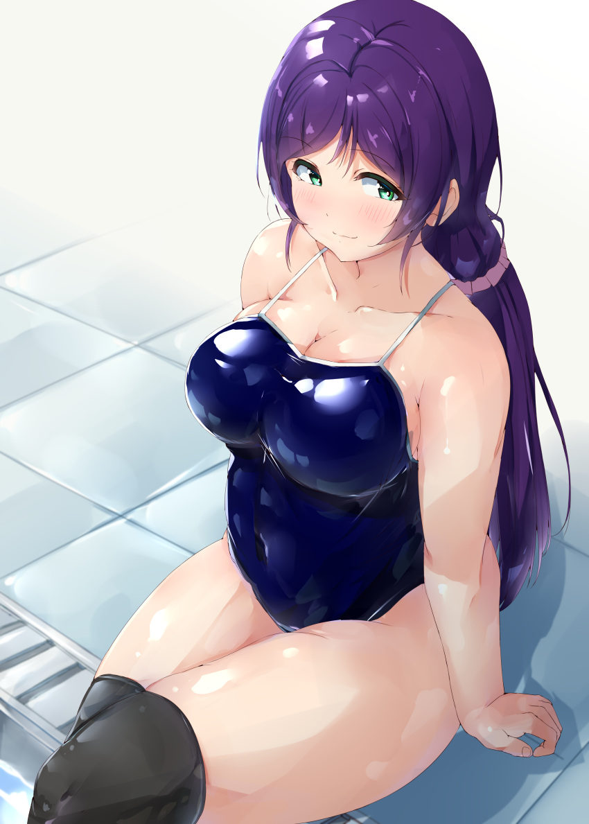 1girl absurdres bangs black_legwear blue_swimsuit breasts competition_school_swimsuit covered_navel green_eyes hair_ornament hair_scrunchie highres large_breasts long_hair love_live! love_live!_school_idol_project one-piece_swimsuit over-kneehighs parted_bangs poolside purple_hair school_swimsuit scrunchie shinonon_(iso_shino) sitting soaking_feet solo swept_bangs swimsuit thigh-highs toujou_nozomi