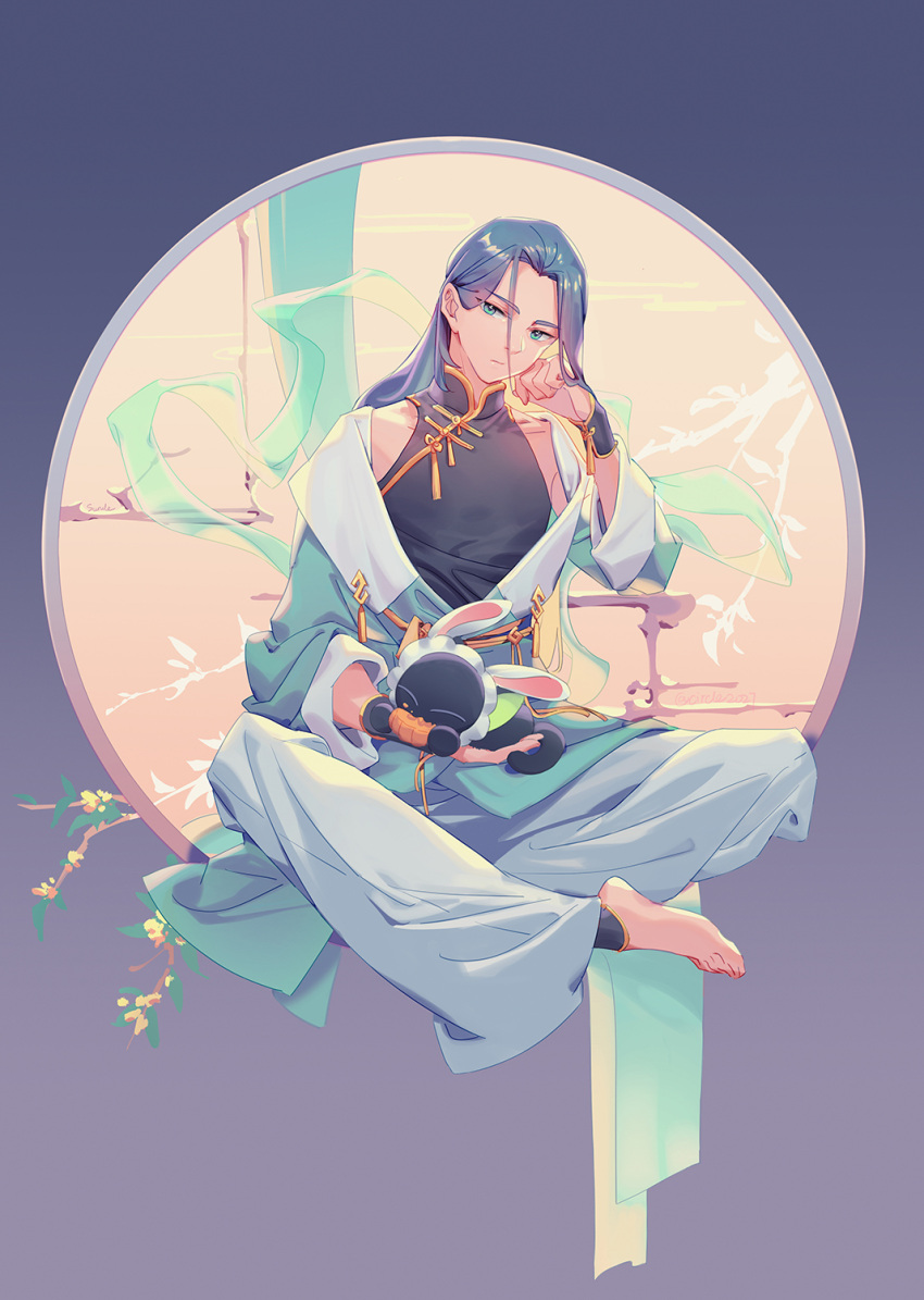 2boys aqua_eyes barefoot black_cat branch cat chinese_clothes eating flower full_body grey_hair highres leaf long_hair long_sleeves looking_at_viewer luoxiaohei multiple_boys pants sitting suncle the_legend_of_luo_xiaohei white_pants wuxian_(the_legend_of_luoxiaohei) yellow_flower