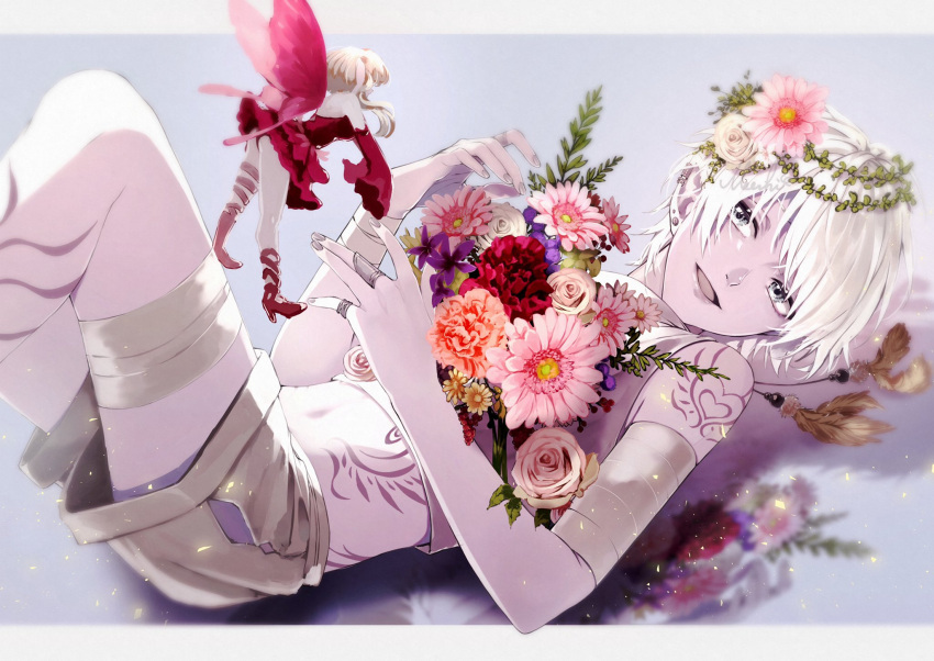 1boy bandaged_arm bandaged_fingers bandaged_leg bandages bandaid fairy fairy_wings floating flower fur glint grey_eyes grey_hair highres ikeshi000 leaf looking_at_another male_focus open_mouth original pink_flower red_flower short_hair shorts solo sparkle tattoo white_eyes wings