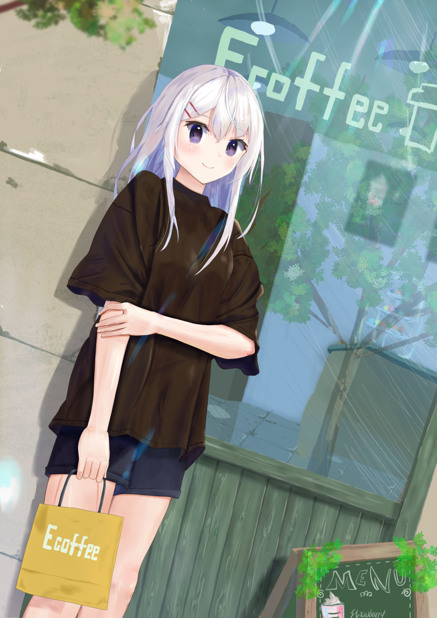 1girl absurdres bag black_shirt hair_ornament hairclip highres holding holding_bag ko_tachi1104 looking_at_viewer original outdoors pale_skin reflection shirt shopping_bag short_shorts shorts smile t-shirt violet_eyes white_hair