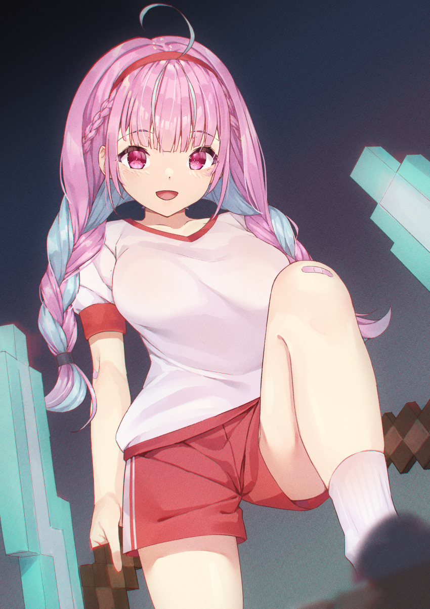 1girl absurdres ahoge bandaid bandaid_on_knee bangs blue_hair braid breasts commentary_request eyebrows_visible_through_hair gym_shorts gym_uniform hairband highres holding holding_pickaxe hololive koubou_(cowbow_kun) large_breasts long_hair looking_at_viewer minato_aqua minecraft multicolored_hair open_mouth pickaxe pink_hair red_hairband red_shorts shirt short_shorts short_sleeves shorts smile socks solo standing twin_braids twintails two-tone_hair violet_eyes virtual_youtuber white_legwear white_shirt