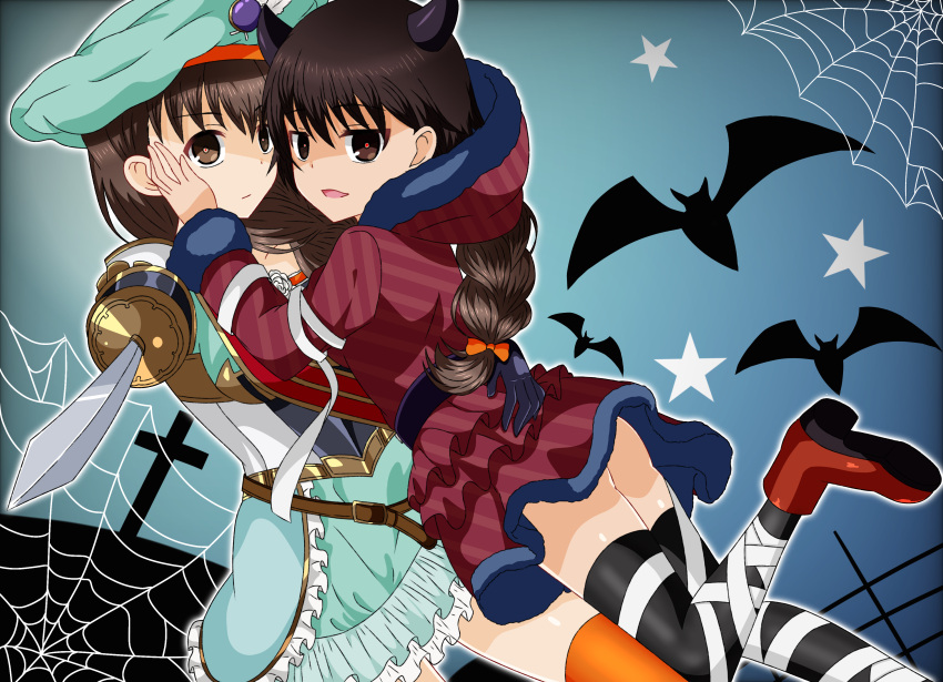 2girls absurdres aqua_dress aqua_headwear bandaged_leg bandages bat beret black_gloves black_horns black_legwear braid braided_ponytail brown_eyes brown_hair closed_mouth cross demon_horns dress frown girls_und_panzer girls_und_panzer_senshadou_daisakusen! gloves hair_ribbon halloween halloween_costume hand_on_another's_face hat highres holding holding_sword holding_weapon hood hood_down hooded_dress horns isobe_noriko leaning_forward leg_up long_hair long_sleeves looking_at_viewer looking_back multiple_girls night official_alternate_costume open_mouth purple_dress red_footwear red_pupils red_ribbon ribbon rukuriri_(girls_und_panzer) saber_(weapon) shoes short_dress short_hair silk single_braid smile spider_web standing standing_on_one_leg star_(symbol) sword tanutika thigh-highs weapon