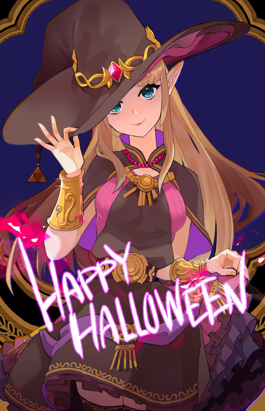 1girl black_dress blonde_hair blue_eyes dress earrings gown halloween hat highres jewelry long_dress long_hair looking_at_viewer nomeringo pointy_ears princess_zelda smile solo the_legend_of_zelda the_legend_of_zelda:_a_link_between_worlds witch witch_hat