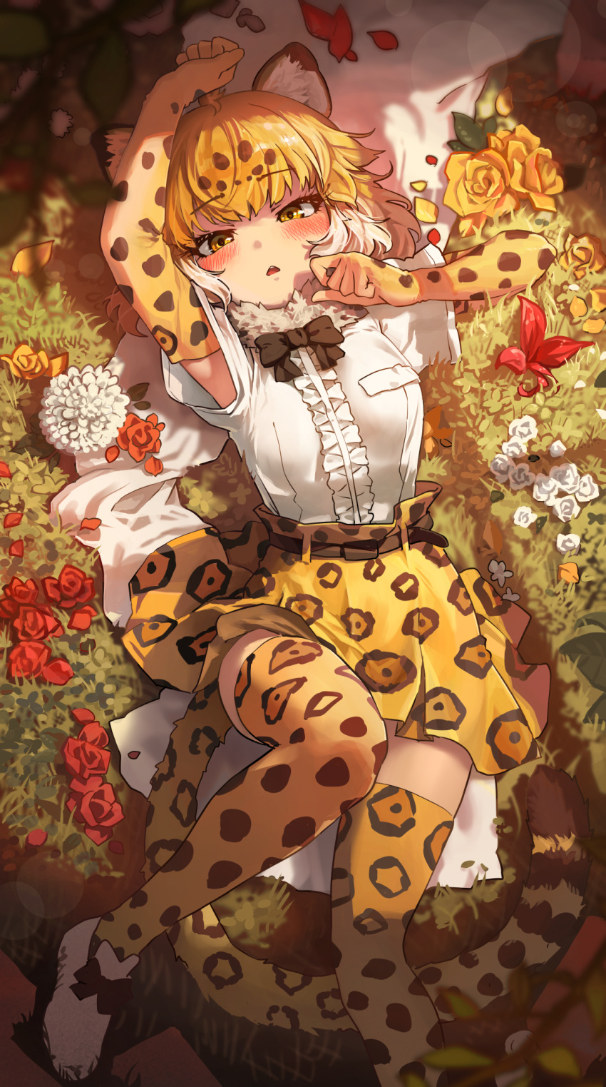 1girl animal_ears armpits blonde_hair breasts elbow_gloves fur_collar gloves gradient_hair highres jaguar_(kemono_friends) jaguar_ears jaguar_girl jaguar_print jaguar_tail kemono_friends lying melaton miniskirt multicolored_hair on_back print_gloves print_legwear print_skirt shirt short_hair short_sleeves skirt small_breasts solo tail thigh-highs white_hair white_shirt yellow_eyes yellow_gloves yellow_legwear yellow_skirt