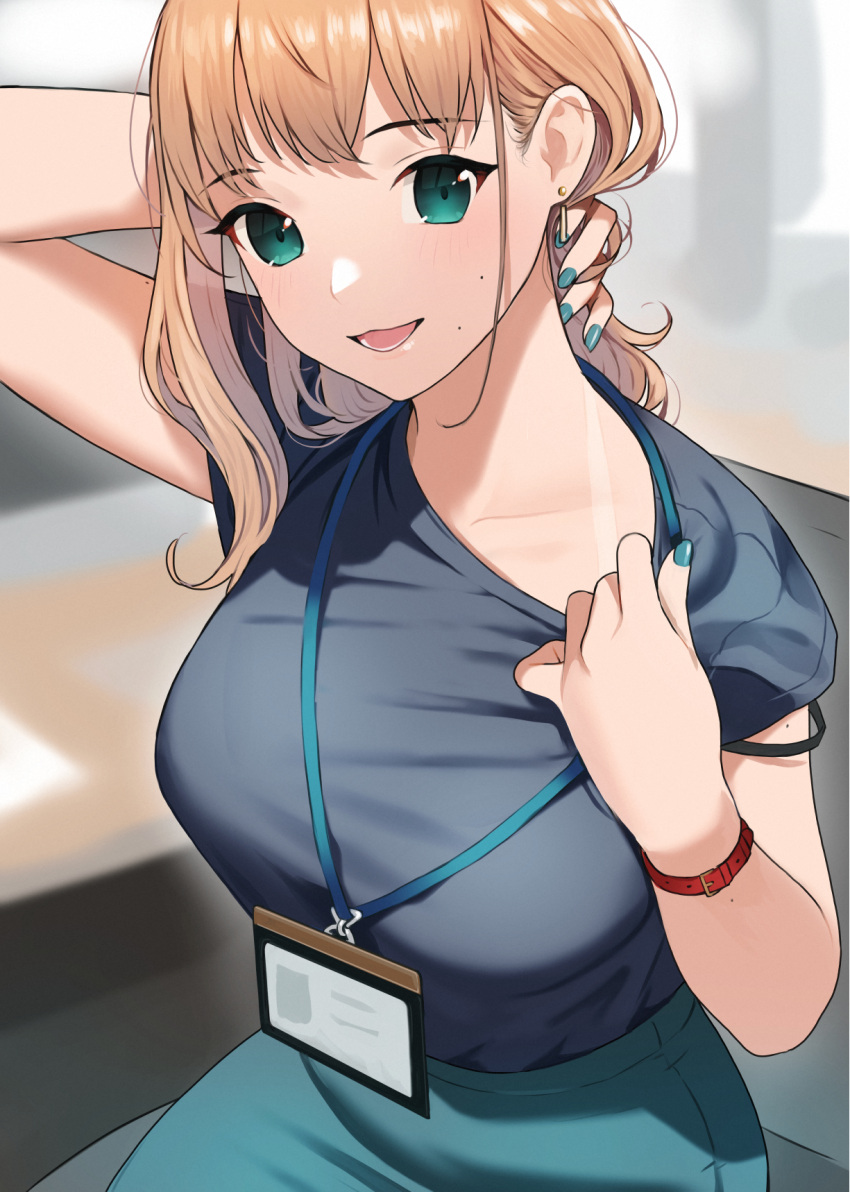 1girl :d blonde_hair blue_nails blue_skirt blurry blurry_background bra_through_clothes breasts depth_of_field doushimasho earrings fingernails green_eyes highres id_card jewelry lanyard large_breasts looking_at_viewer mole_on_cheek nail_polish office_lady open_mouth original short_sleeves skirt smile solo tan tanlines wristband