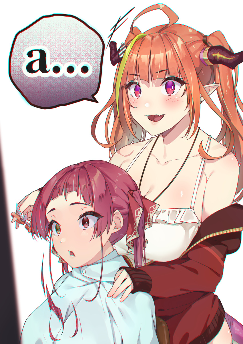 ... 2girls a absurdres ahoge bangs barber_chair blonde_hair blush bow breasts camisole collarbone commentary_request cutting_hair diagonal-striped_bow dragon_girl dragon_horns dragon_tail eyebrows_visible_through_hair eyes_visible_through_hair fang hair_ribbon hand_on_another's_shoulder heterochromia highres holding holding_scissors hololive horn_bow horn_ornament horns houshou_marine jacket kiryu_coco koubou_(cowbow_kun) large_breasts long_hair long_sleeves multicolored multicolored_eyes multicolored_hair multiple_girls off_shoulder official_alternate_costume on_chair open_mouth orange_hair pointy_ears red_eyes red_jacket red_ribbon redhead ribbon scissors severed_hair simple_background sitting skin_fang sleeves_past_wrists speech_bubble streaked_hair striped striped_bow tail towel twintails violet_eyes virtual_youtuber white_background yellow_eyes