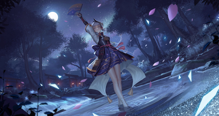 1girl absurdres arm_guards arm_up armor armored_dress blue_eyes blurry breastplate cherry_blossoms closed_mouth dancing depth_of_field folding_fan forest fox_mask full_body genshin_impact hand_fan highres holding holding_fan kamisato_ayaka mask mask_on_head moon moonlight nature night night_sky petals river rope_belt scenery silver_hair sky soaking_feet solo star_(sky) starry_sky tassel torii tree water waterfall zfivez