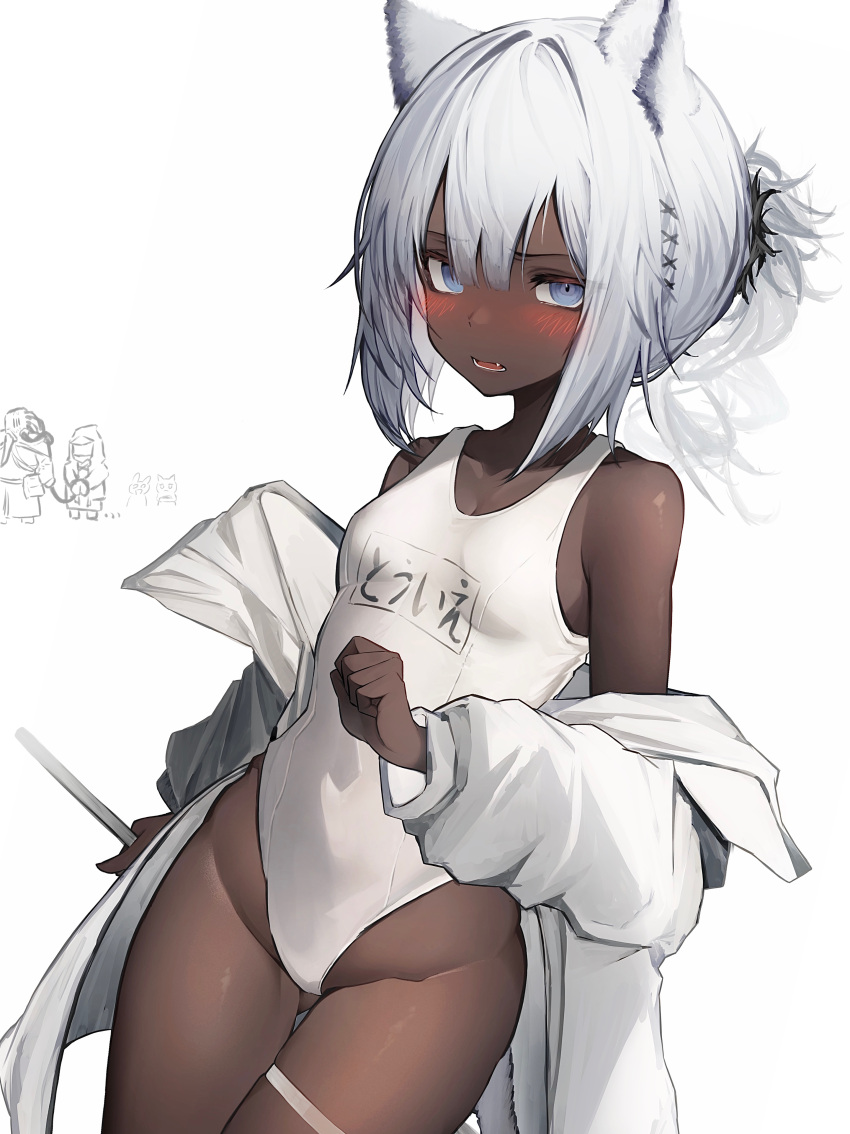 1girl absurdres animal_ears arknights blue_eyes blush breasts dark-skinned_female dark_skin hair_between_eyes highres one-piece_swimsuit short_hair simple_background small_breasts solo swimsuit tab_head tuye_(arknights) white_background white_hair white_swimsuit