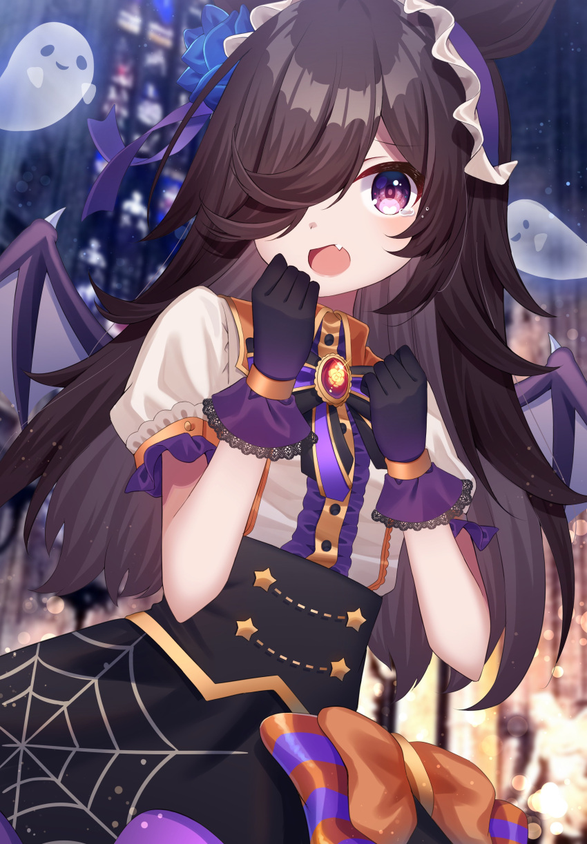 1girl absurdres bat_wings black_hair blurry blurry_background bow bowtie dress fang frills ghost gloves hair_over_one_eye hands_up highres juliet_sleeves long_hair long_sleeves looking_at_viewer make_up_in_halloween!_(umamusume) open_mouth puffy_sleeves rice_shower_(umamusume) sapphire_(sapphire25252) short_sleeves solo tearing_up umamusume upper_body wings