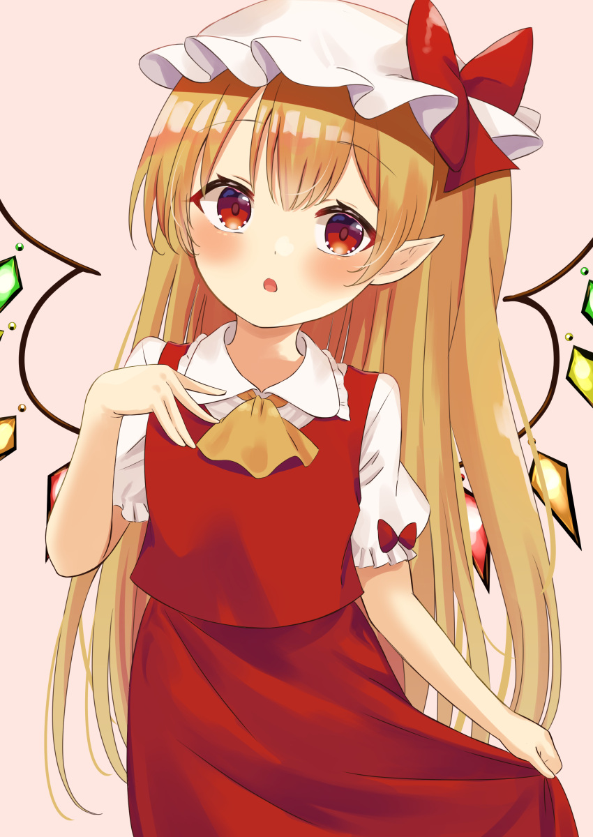 1girl absurdres alternate_hairstyle ascot bangs blonde_hair blush bow collar collared_shirt crystal eyebrows_visible_through_hair flandre_scarlet hair_between_eyes hand_up hat hat_bow highres jewelry kamachi_(kamati0maru) long_hair looking_to_the_side mob_cap multicolored multicolored_wings open_mouth pink_background pointy_ears puffy_short_sleeves puffy_sleeves red_bow red_eyes red_skirt red_vest shirt short_sleeves simple_background skirt solo touhou vest white_headwear white_shirt wings yellow_neckwear