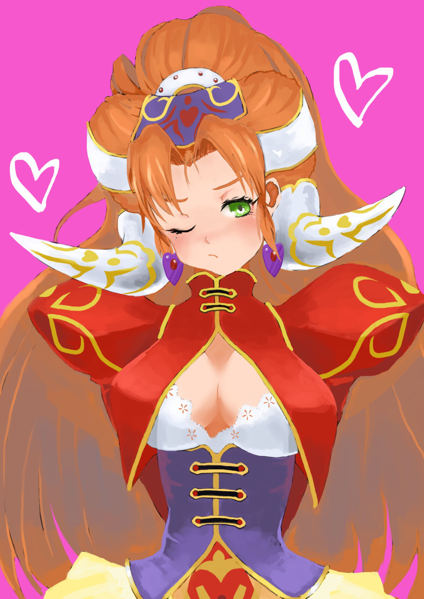 1girl absurdres akumesik blush breasts closed_mouth corset earrings grandia grandia_ii green_eyes highres jewelry long_hair looking_at_viewer millenia_(grandia) one_eye_closed redhead simple_background solo