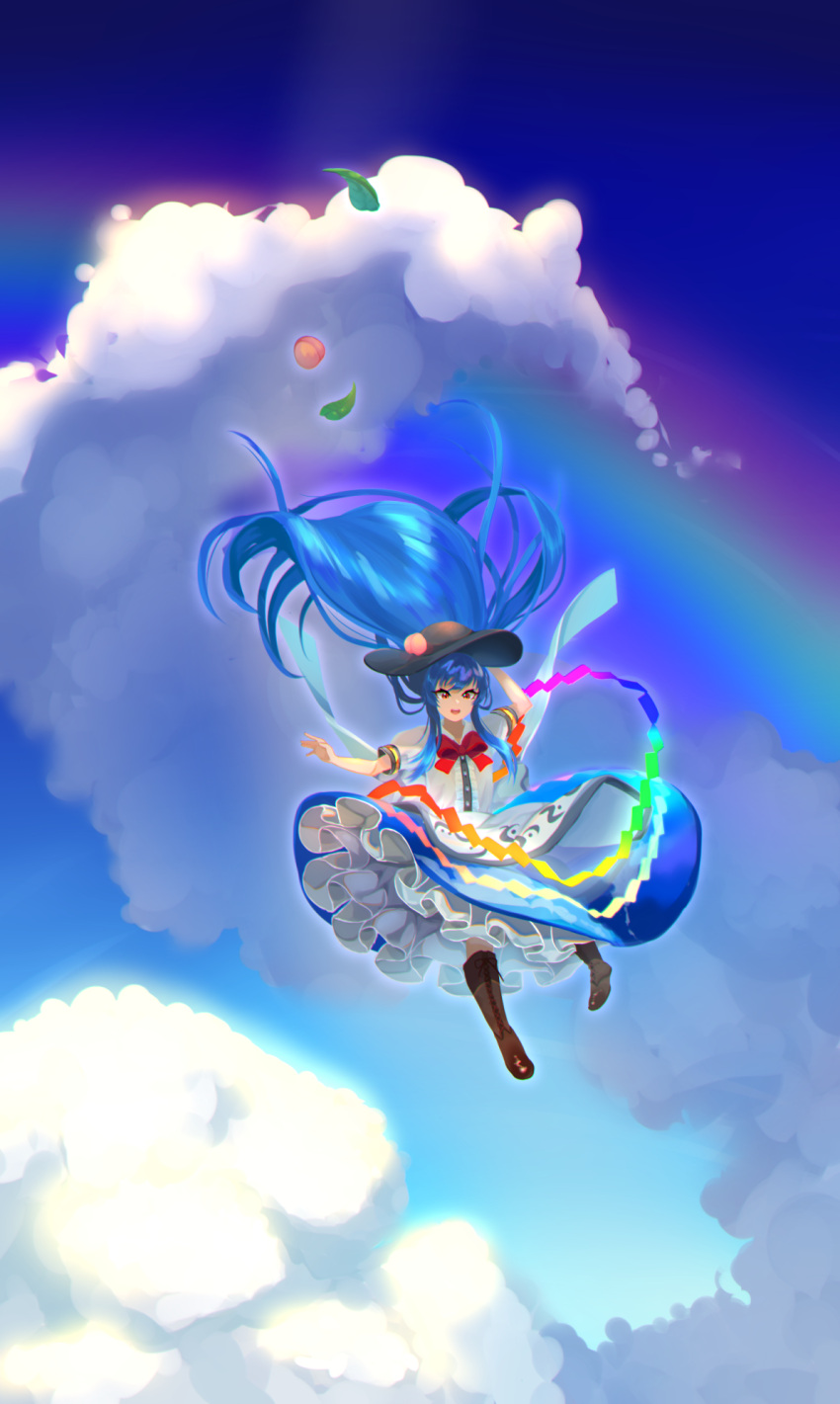 1girl black_headwear blue_hair blue_sky clouds cloudy_sky flying hat highres hinanawi_tenshi long_hair looking_at_viewer open_mouth puffy_short_sleeves puffy_sleeves rainbow red_eyes shirt short_sleeves skirt sky smile solo touhou wankosoba white_sleeves