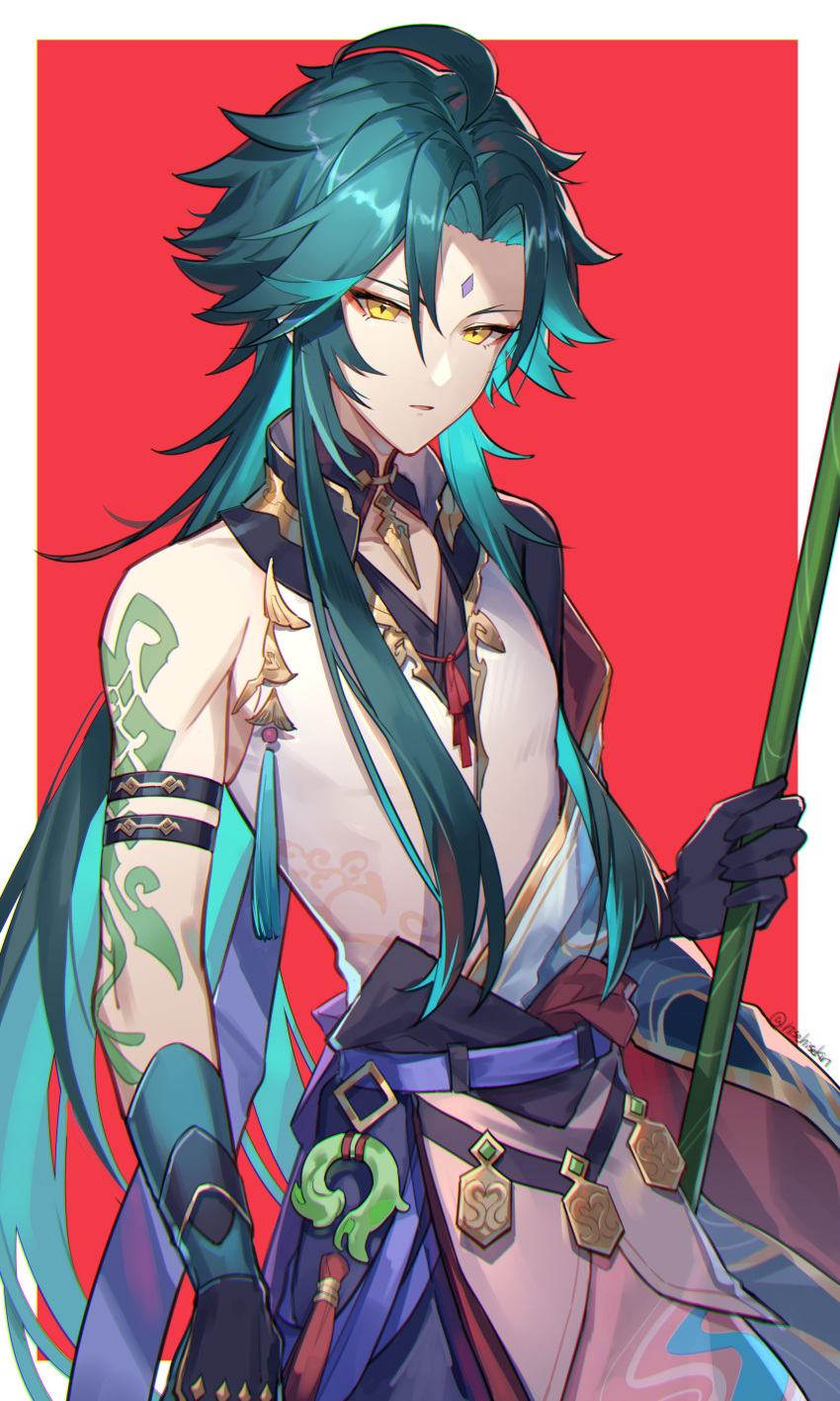 1boy absurdres ahoge arm_tattoo bangs bead_necklace beads black_hair closed_mouth facial_mark forehead_mark genshin_impact gloves green_hair highres hisehisekin jewelry long_hair male_focus multicolored_hair necklace simple_background solo tattoo xiao_(genshin_impact) yellow_eyes