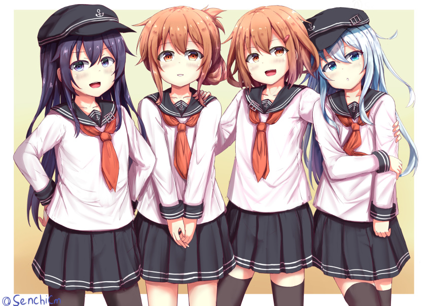 4boys akatsuki_(kancolle) akatsuki_(kancolle)_(cosplay) black_headwear black_legwear black_sailor_collar black_skirt blue_eyes blue_hair brown_eyes brown_hair commentary_request cosplay hibiki_(kancolle) hibiki_(kancolle)_(cosplay) highres ikazuchi_(kancolle) ikazuchi_(kancolle)_(cosplay) inazuma_(kancolle) inazuma_(kancolle)_(cosplay) kantai_collection long_hair long_sleeves male_focus multiple_boys neckerchief original otoko_no_ko pleated_skirt purple_hair red_neckwear sailor_collar school_uniform senchimee serafuku shirt short_hair skirt thigh-highs twitter_username uniform violet_eyes white_shirt