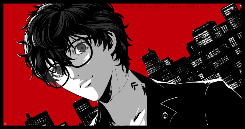 1boy amamiya_ren border building chris_re5 city dutch_angle glasses greyscale jacket male_focus monochrome persona persona_5 portrait red_background signature solo spot_color turtleneck twitter_username